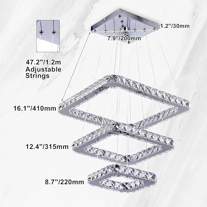 Modern Crystal Chandelier LED Ceiling Light, Square 3-Ring Height Adjustable 47W K9 Crystal Pendant for Dining Room, Living Room, Bedroom, Foyer, Warm White 3000K