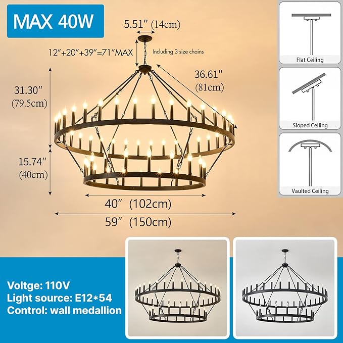 HHR Wagon Wheel Chandelier 2 Tier 54-Light, 60 Inch Large Farmhouse Chandelier, Round Rustic Pendant Light Fixture for High Ceilings Foyer Dining Room E12