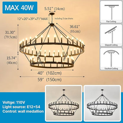 HHR Wagon Wheel Chandelier 2 Tier 54-Light, 60 Inch Large Farmhouse Chandelier, Round Rustic Pendant Light Fixture for High Ceilings Foyer Dining Room E12