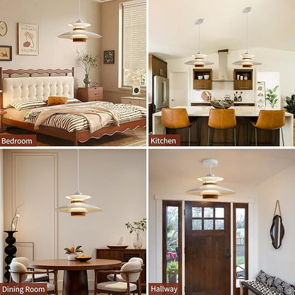 EFINEHOME Modern Decor Adjustable Pendant Lamp Kitchen Island, Aluminum and Wood Finish,1-Light E26 Base Ceiling Hanging Light for Dining Room Shop Restaurant (White+Dark Wood Grain, 40cm)