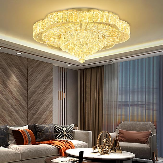 24in Gold Crystal Chandeliers for Living Room Dining Room Crystal Ceiling Light Fixtures Modern LED Flush Mount Light Dimmable 2700k-6000k