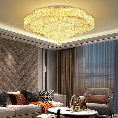 24in Gold Crystal Chandeliers for Living Room Dining Room Crystal Ceiling Light Fixtures Modern LED Flush Mount Light Dimmable 2700k-6000k
