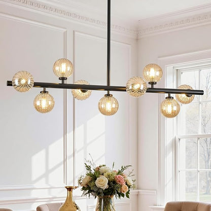 Mid Century Modern Glass Globe Sputnik Chandelier, 9-Light Linear Chandeliers for Dining Room, Kitchen Island, Living, Dining Room Light Fixture Over Table, Black and Amber Bubble, 40 Inch