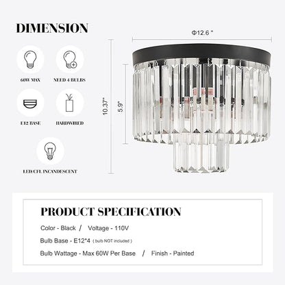 12.6" Black Crystal Ceiling Light 4-Light Modern Fixture 2-Tier Luxury K9 Crystal, for Dining Room Kitchen Island Living Room Bedroom
