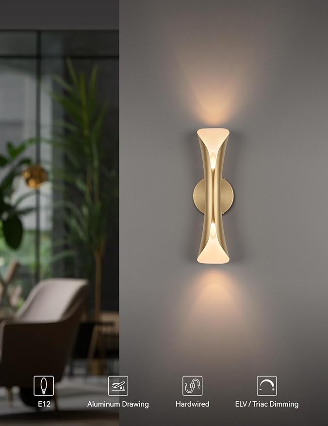 Tubicen Wall Sconces Gold Movie Theater Sconces Wall Lighting Up and Down 15.7" H Hardwired Dimmable Indoor Mid Century Modern Wall Lights for Living Room Bedroom Hallway Stairway Entry