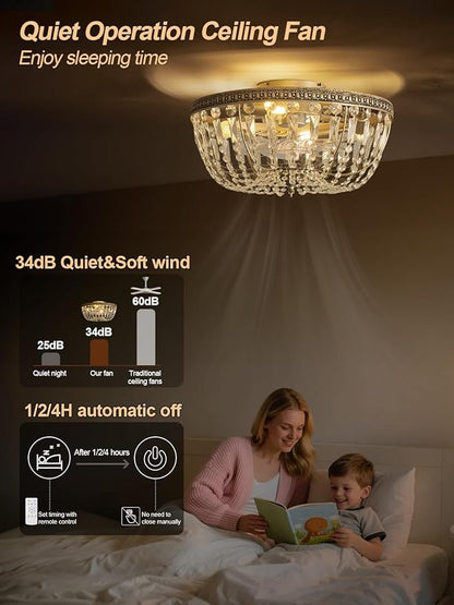 20" Flush Mount Fandelier Ceiling Fan with Light, Crystal Gold Fandelier Ceiling Fan with Light Remote Control, Vintage French Country Caged with 6 Speeds for Bedroom, Living Room, Foyer, Nursery