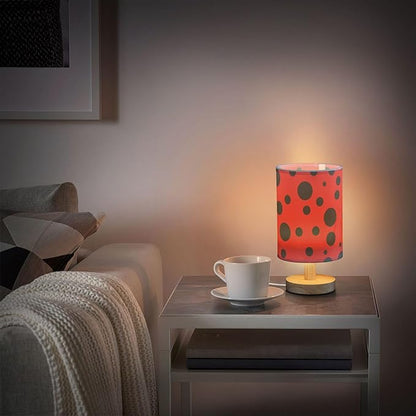 Ladybug Pattern Black Spots on Red Table Lamp with Wood Base Fabric Lamp Shade Bedside Nightstand Desk Lamp for Living Room Bedroom Kids Room Office