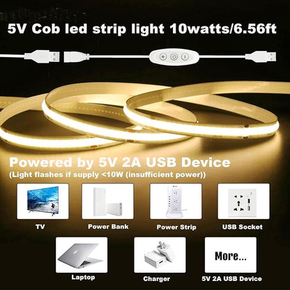 USB Light Strip Warm White 3000K CRI 92+ Small Dimmable COB LED Strip Light Cuttable 5V USB Powered 6 ft 10W for TV Backlight Cabinet Bedroom Indoor DIY Lighting Project