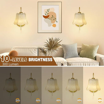Wireless Wall Sconce with Flower lampshade, Battery Operated Wall Lights,Wall lamp with 15 Colors for Bedroom Living Room Home Decor (White Flower, 2 Light Battery Operated)