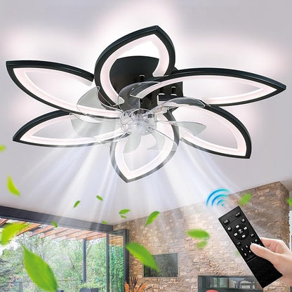 Ceiling Fan with Lights and Remote Control Low Profile Ceiling Fan with Lights Modern Dimmable Flower Shape 29.1" Black, 6 Speeds 3 Light Color Flush Mount Fandelier for Kitchen Bedroom