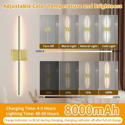 Wall Sconces Set of 2 Battery Operated, 8000mAh USB Rechargeable Wall Sconce with Remote Control, 360°Rotate Dimmable 3000K-6000K LED Dimmable Picture Lamp for Living Room, Bedroom, Hallway (28inch)