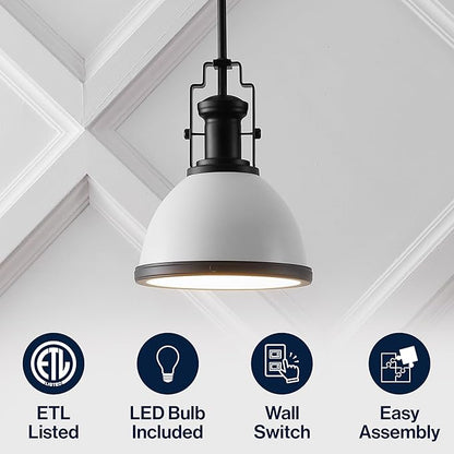 JONATHAN Y 10" Matte Black/White Modern Industrial Iron LED Dome Pendant Light, Adjustable Hanging Fixture for Kitchen Island or Entryway, White Metal Shade, LED Bulb Included (JYL9535E)