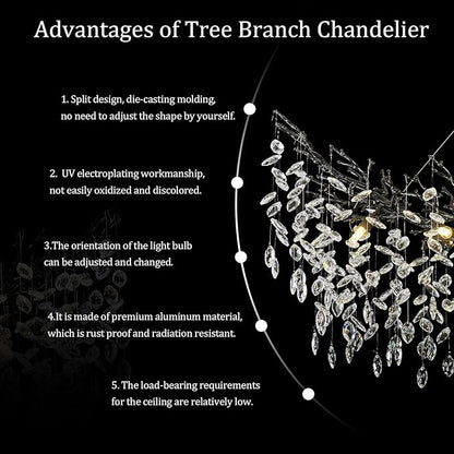 Crystal Chandeliers for Dining Room,63" Black Farmhouse Raindrop Chandelier Large Unique Adjustable Tree Branch Industrial Rectangle Chandelier for Living Room, Bedroom, Entryway (16-Light)