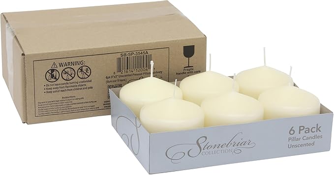 Stonebriar Unscented Pillar Candles – 18 Hour Burn Time, Long-Lasting Wax Candles for Weddings, Holidays, Home Décor & Special Events, Pack of 6, Ivory, 3" x 3"