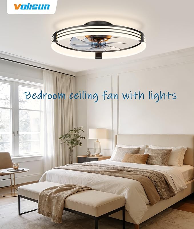 VOLISUN Low Profile Ceiling Fans with Lights and Remote, 20in Flush Mount Ceiling Fan with Light, 3000K-6500K Dimmable Fandelier LED Fan Light, Black Bladeless Ceiling Fans with Lights for Bedroom