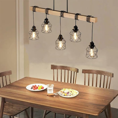 5 Light Farmhouse Kitchen Island Lighting,Dining Room Light Fixture,Adjustable Height Pendant,Real Wood and Black Metal Cage Chandelier for Kitchen,Dining Room
