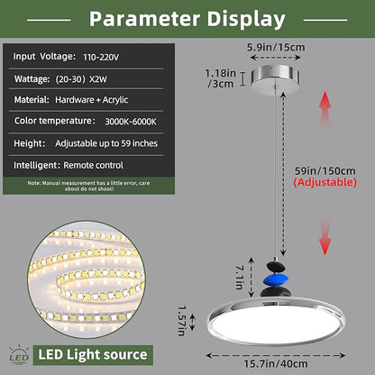Mikeru Modern Pendant Lights, 15.8" Chrome Pendant Lighting Fixture with Remote Control Dimmable 3 Color Mode & Brightness Mid Century Island Light for Dining Room, Kitchen, Living Room