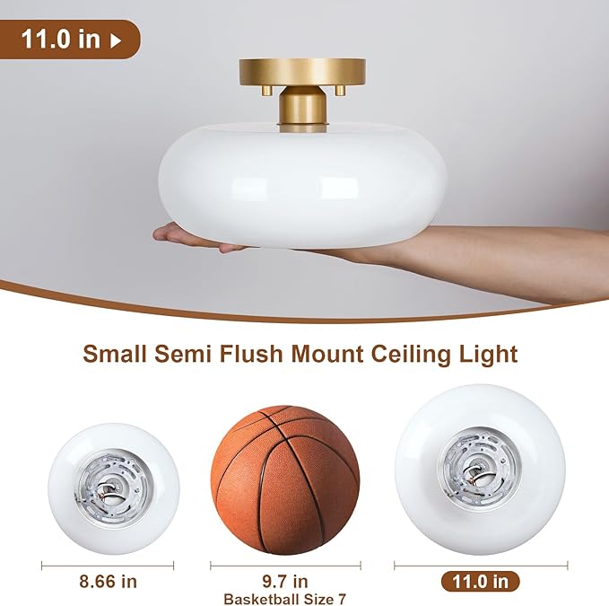 WOKNOS Mid-Century Modern Gold Semi Flush Mount Ceiling Light, Kitchen Ceiling Light Fixture with Glass Shade, Vintage White Close to Ceiling Lamp for Entryway Hallway Bathroom (11.0 Inch)