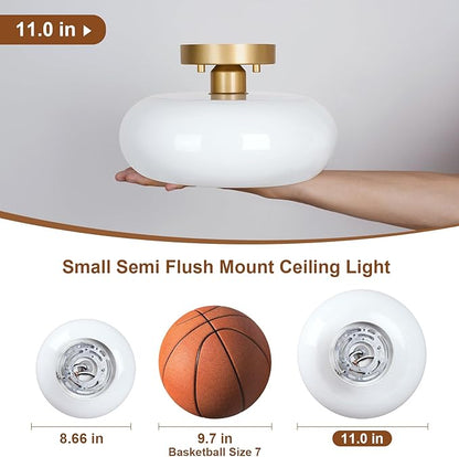 WOKNOS Mid-Century Modern Gold Semi Flush Mount Ceiling Light, Kitchen Ceiling Light Fixture with Glass Shade, Vintage White Close to Ceiling Lamp for Entryway Hallway Bathroom (11.0 Inch)