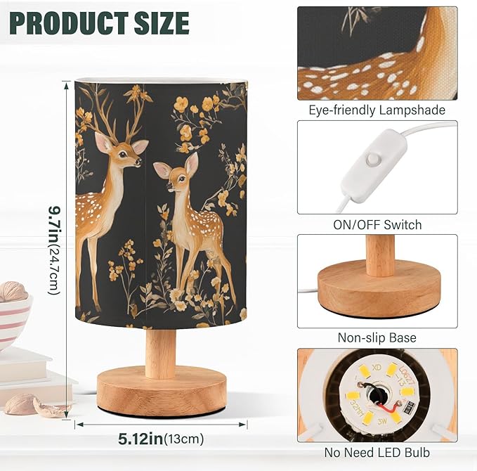 Bedside Table Lamp Deer Woodland Animals Flowers Nightstand Lamp with Wood Desk Lamps for Bedroom Living Room Nursery Office Home Decor