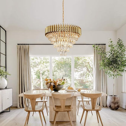 AXILIXI Modern Crystal Chandelier Gold, 24" Round Chandeliers for Dining Room K9 5 Tiers Ceiling Pendant Light Fixtures Golden Large Raindrop Flush Mount Chandelier for Foyer Living Room Staircase