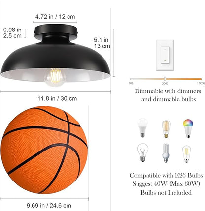 2 Pack Industrial Ceiling Light, Black Flush Mount Ceiling Light 12 Inch Kitchen Light Fixtures for Hallway Bedroom Entryway Porch Foyer Bathroom Laundry Room