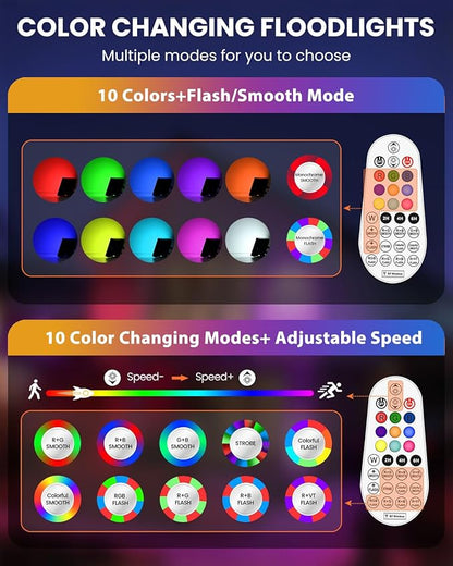 MEIKEE 25W RGB LED Flood Lights Outdoor, 2500LM 250W Equivalent RGB Color Changing Flood Lighting with Plug, IP66 Waterproof Wall Stage Lights for Christmas Halloween Home Decoration (4 Pack)