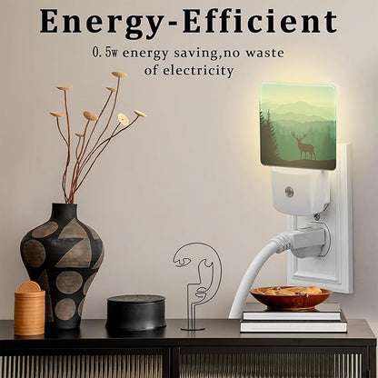 Misty Forest Deer and Mountain Night Light for Kids,Natural Landscape Wild Animal Night Light Plug in with Dusk to Dawn Sensor,0.5w Energy Saving Nightlight for Hallway Stairway Kitchen Bedroom
