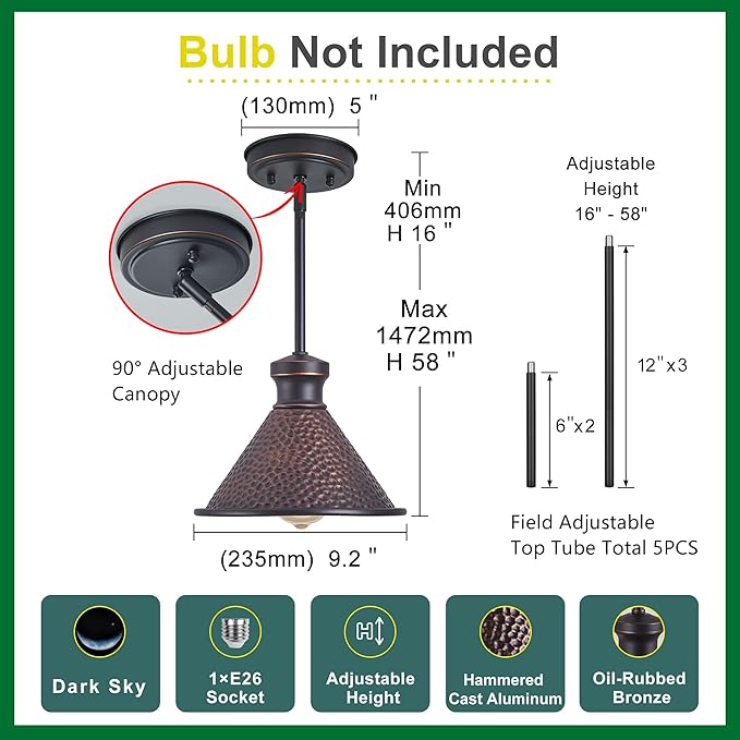 Tarentlight Pendant Light (2 Packs), Kitchen Lights Ceiling Hanging,Oil-Rubbed Bronze Finish, Farmhouse Lighting for Kitchen Island Room,Vintage Hammered Textured Aluminum Shade, Height Adjustable