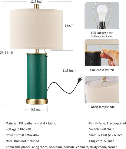 KDG 23.4" Green PU Leather Table Lamps for Living Room Set of 2, E26 Socket Modern Home Decor Fabric Lampshade Desk Lamp Lighitng for Bedroom, Bedside, Farmhouse, Nightstand, Night Light