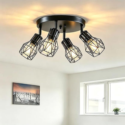 4-Light Black Farmhouse Flush Mount Ceiling Light, Industrial Rustic Black Light Fixture, Adjustable Overhead Lighting for Kitchen, Dining Room, Hallway, Entryway, Bedroom, Laundry Room