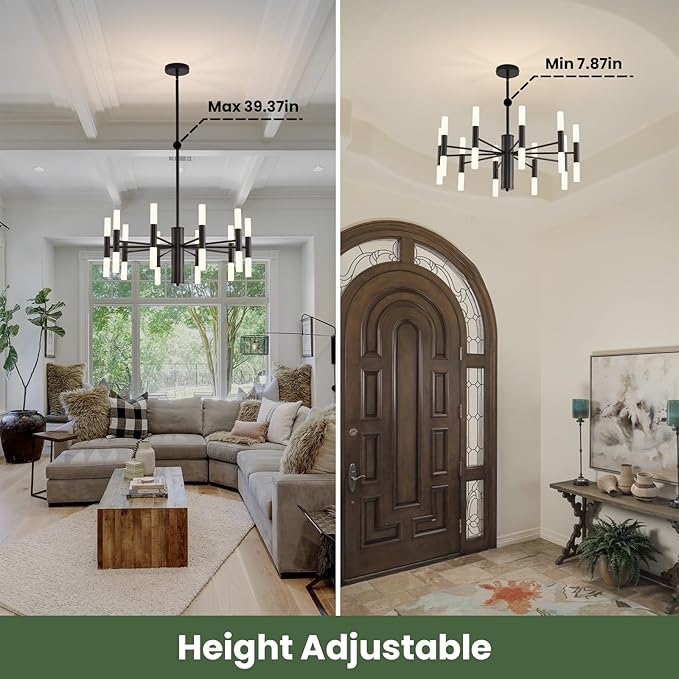 Modern Matte Black Chandelier 20-Light, Mid Century Sputnik Chandeliers with Acrylic Shades, 26.7" Candle Chandeliers for Dinging Room, High Ceilings, Living Room, Foyer, Entryway, G9 Base