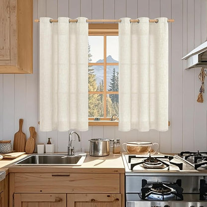 BGment 40 Inch Short Curtains for Small Window, Light Filtering Linen Burlap Textured Window Treatments Grommet Sheer Drapes for Kitchen Cafe, 2 Panels, Natural, 42 X 40 Inch