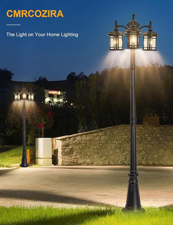 Dusk to Dawn Sensor Outdoor Post Light 82.7" H 3-Headed Post Lamp with Outlet E26 Pole Street Lantern 3 Light Outdoor Lamp Post Lights IP65 Waterproof Outdoor Street Light for Pole Garden