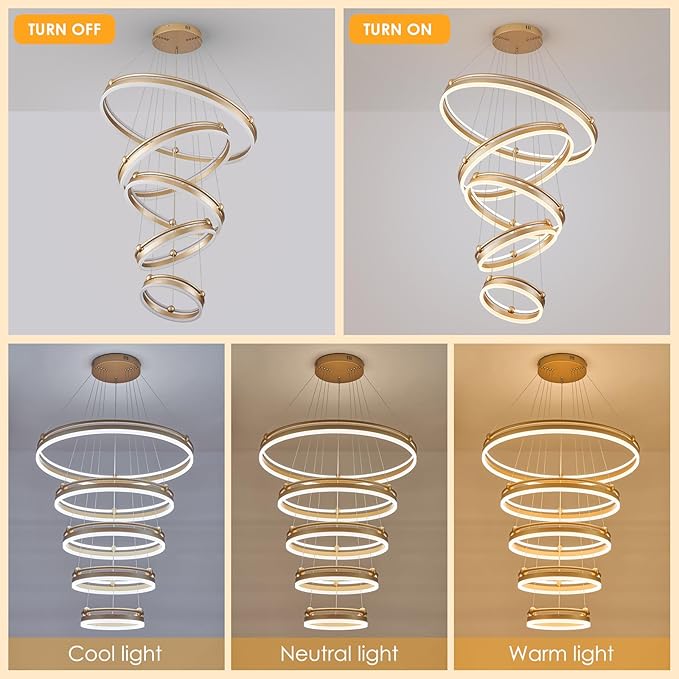 Benkut 5-Rings Modern LED Chandelier Gold Dimmable Large High Ceiling Chandeliers Foyer, Remote Pendant Lighting for Foyer Entryway Dining Room Living Room Staircase(10-Ring Lighting, D30in)