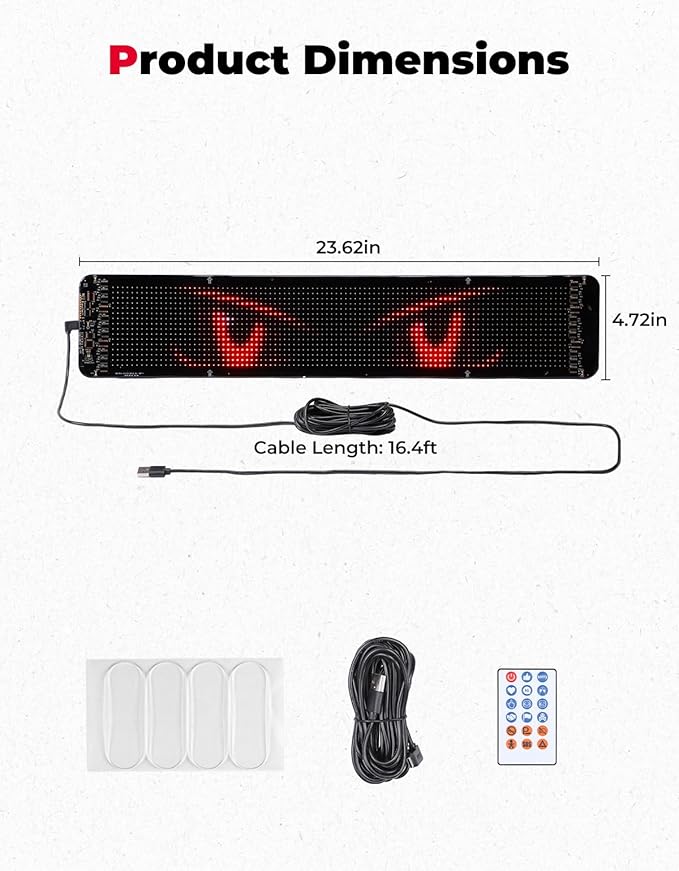 KEMIMOTO Flexible LED Digital Display Screen, Programmable Eye Light for Car Windshield with Remote & App Control, Portable LED Sign for Golf Carts, Festivals, Bars, Home Decorations, Sports Events