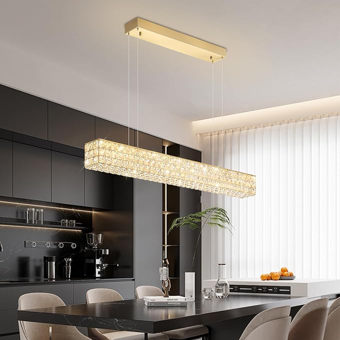 ykolupty Rectangle Crystal Chandelier Modern Gold Crystal Chandelier Rectangular Pendant Lighting Fixture for Dining Room Kitchen Island Bedroom (L 40")