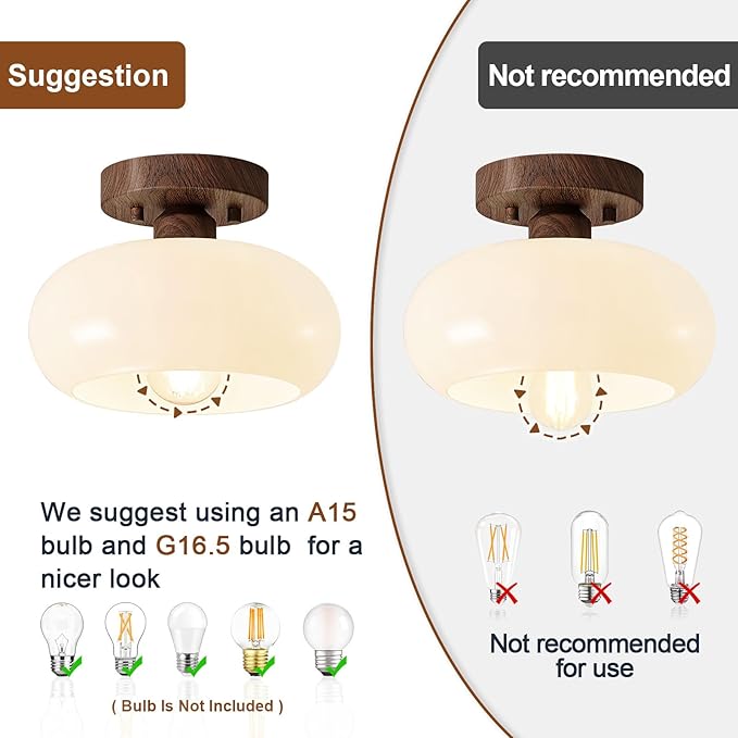 WOKNOS Mid-Century Modern Semi Flush Mount Ceiling Light, Faux Walnut Wood Kitchen Light Fixtures with Glass Shade, Mini White Close to Ceiling Lamp for Entryway Hallway Bathroom (8.66 Inch)