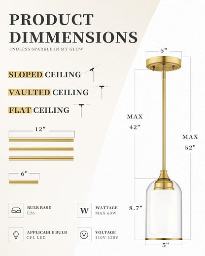 LIROUVET Gold Pendant Lights Kitchen Island - Dual Glass Pendant Light, 1-Light Hanging Light with Clear and Milk Glass, Vintage Pendant Light Fixtures for Kitchen, Dining Room, PL02BR