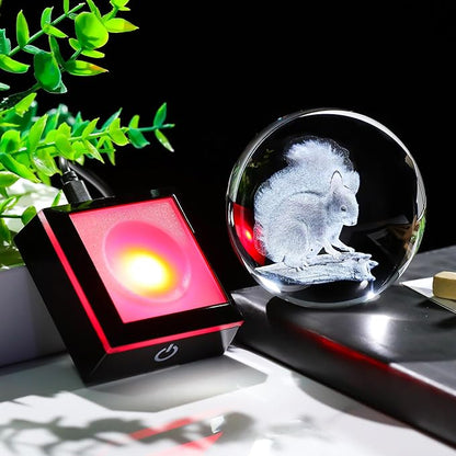 Arikyrist 3D Squirrel Figurine Crystal Ball with Colorful Light Base, Laser Engraved Squirrel Gifts for Women Men on Christmas Birthday, Squirrel Ornament Glass Decorative Ball for Home Decor (80mm)