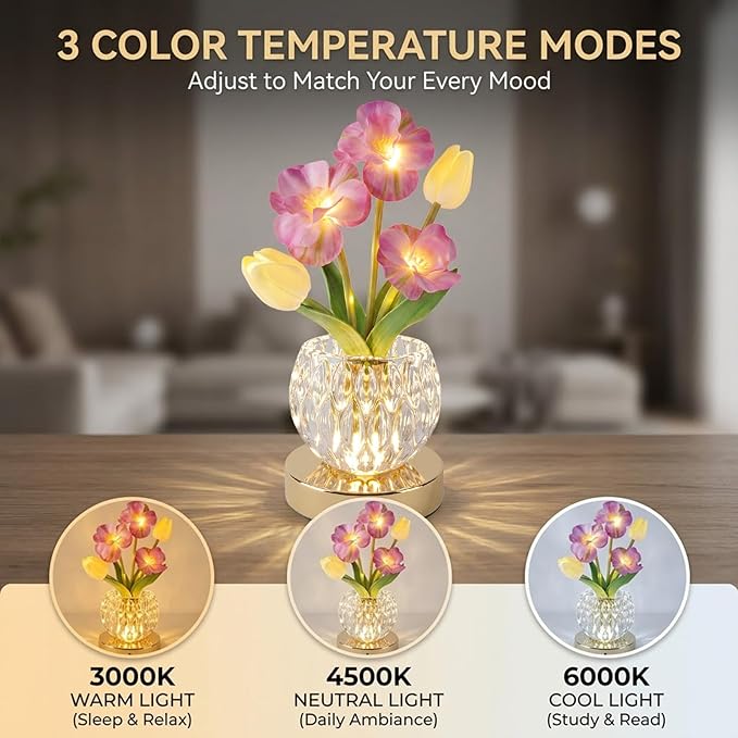 Flower Table Lamp, 3-Color Touch Dimming Tulip Glass Night Light, Rechargeable Artificial Flower Light, Desktop Ambient Light Romantic Gifts for Girls Women Mom (Pink-Sakura)