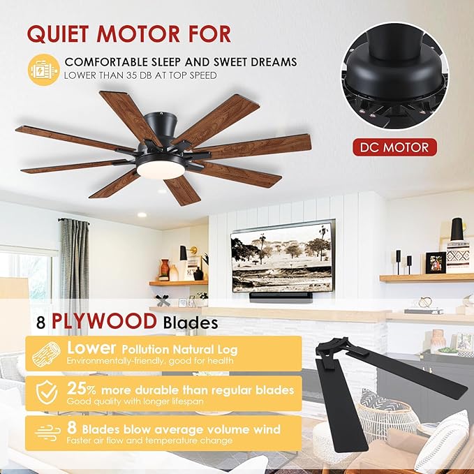 Mpayel Ceiling Fans with Lights, 52 Inch Low Profile Flush Mount Ceiling Fan, Modern Brown Ceiling Fan with Light for Bedroom Living Room, Remote/APP Control, Quiet DC Motor, Dimmable, 8 Wood Blades