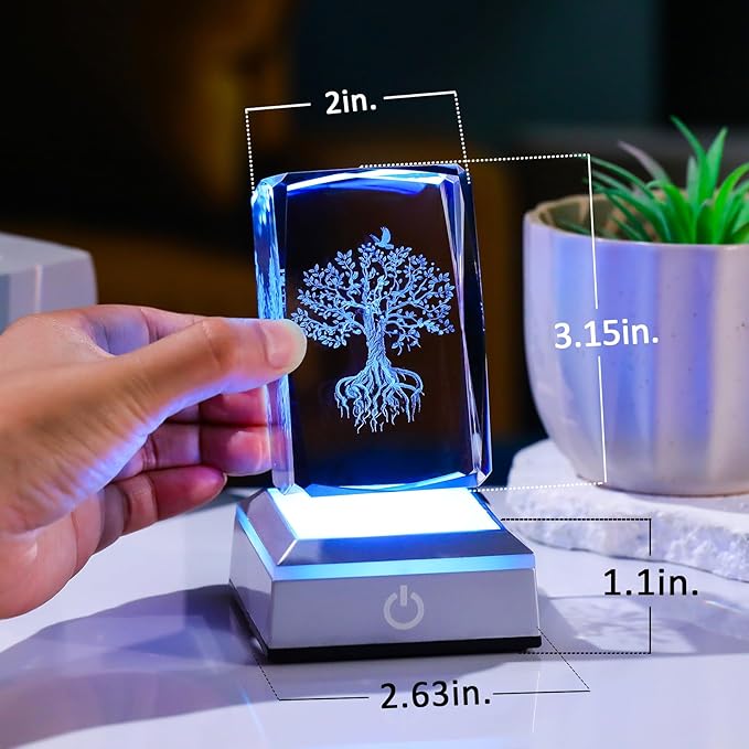 Tree of Life Crystal Cube - 3D Laser Engraved Color Changing LED Light Base | Premium Home Desk Decor, Spiritual Gifts for Women Men, Night Light & Paperweight