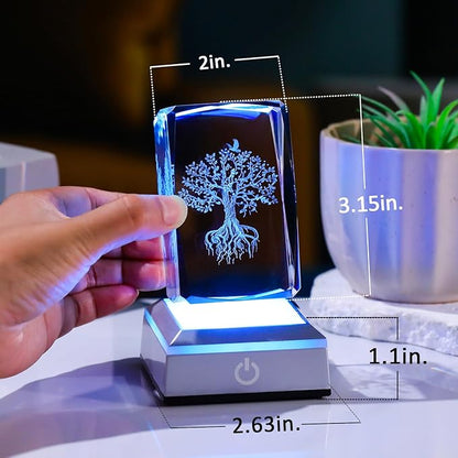 Tree of Life Crystal Cube - 3D Laser Engraved Color Changing LED Light Base | Premium Home Desk Decor, Spiritual Gifts for Women Men, Night Light & Paperweight