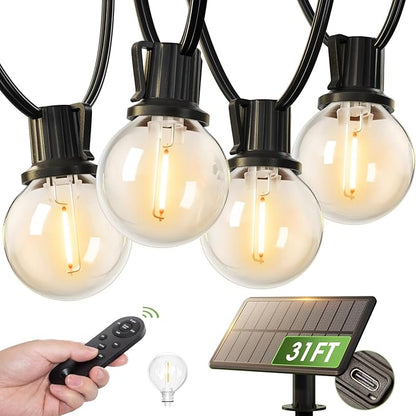 addlon 31FT (25+6) Solar String Lights with Remote, 13 Shatterproof G40 Bulbs, Solar Powered & USB Charging Patio Lights, Dimmable Waterproof Solar Light Outdoor for Camping Porch Backyard Party Decor
