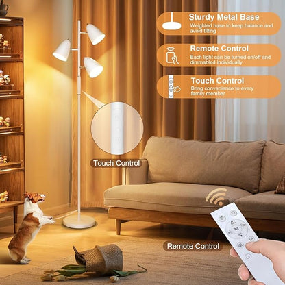 QiMH LED Floor Lamp for Living Room, Modern Dimmable Standing Lamp with 4 Color Temperature,Remote and Touch Control, Tree Floor Lamp for Bedroom with 3 Rotatable Lights Bright Stand up Lamp, White