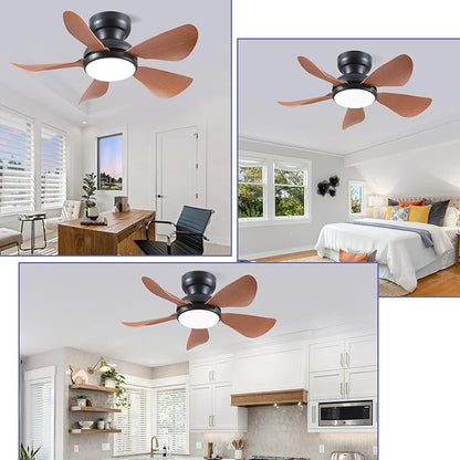 Kviflon 32 Inch Modern Ceiling Fans with Lights, Small Flush Mount Ceiling Fan with Light and Remote/APP Control, 5 Reversible 6 Speeds Curved Blades, 3 CCT Dimmable Lights for Kids Room, Brown