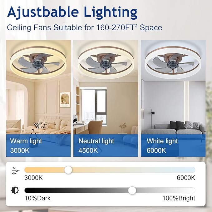 DLLT LED Ceiling Fan with Light: 20" Modern Low Profile Flush Mount Fandelier with App & Remote Control - Dimmable Brown Bladeless Fan Light Fixture for Bedroom Kids Room Living Room