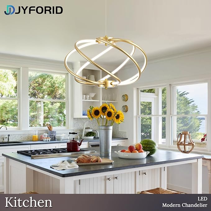 Gold Modern Chandelier with Remote Control, 48W 3-Color Temperature Dimmable LED Chandelier for Dining Room, Hanging Adjustable Pendant Light for Living Room Kitchen Foyer Entryway
