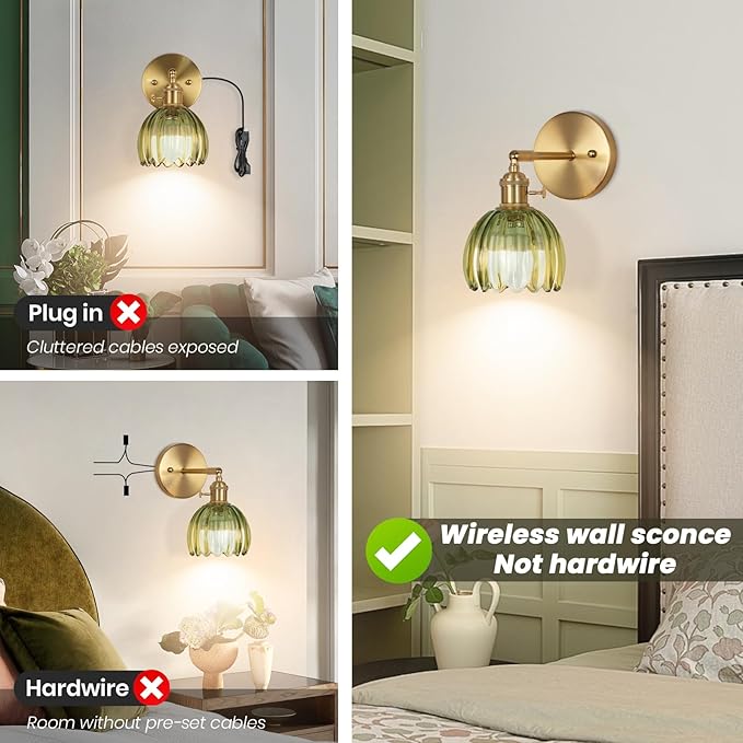 Battery Operated Wall Sconce, Vintage Wall Sconce with Deep Green Tulip Glass Lampshade Rechargeable Battery Powered Wall Light with Remote Control for Bedroom,Living Room, Hallway, Aisle